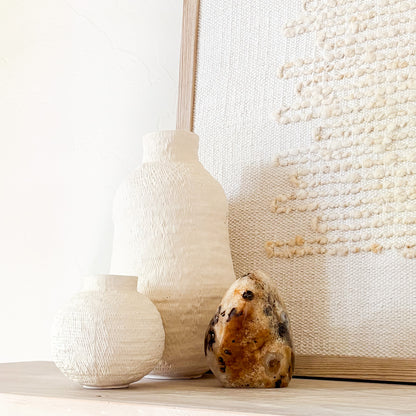 Natural stone sculpture decor featuring Madagascar fern agate in wabi-sabi interior styling