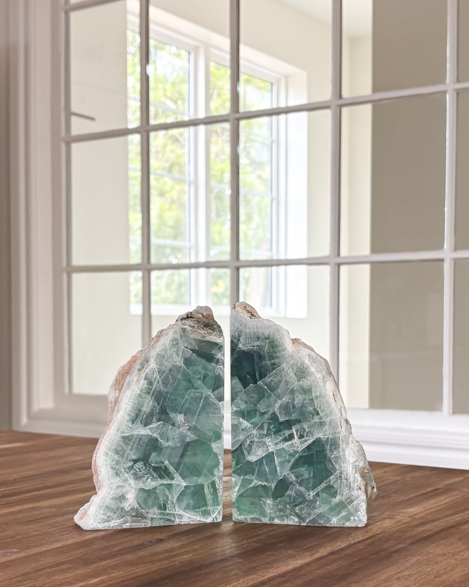 Decorative natural fluorite bookends with unique mineral patterns