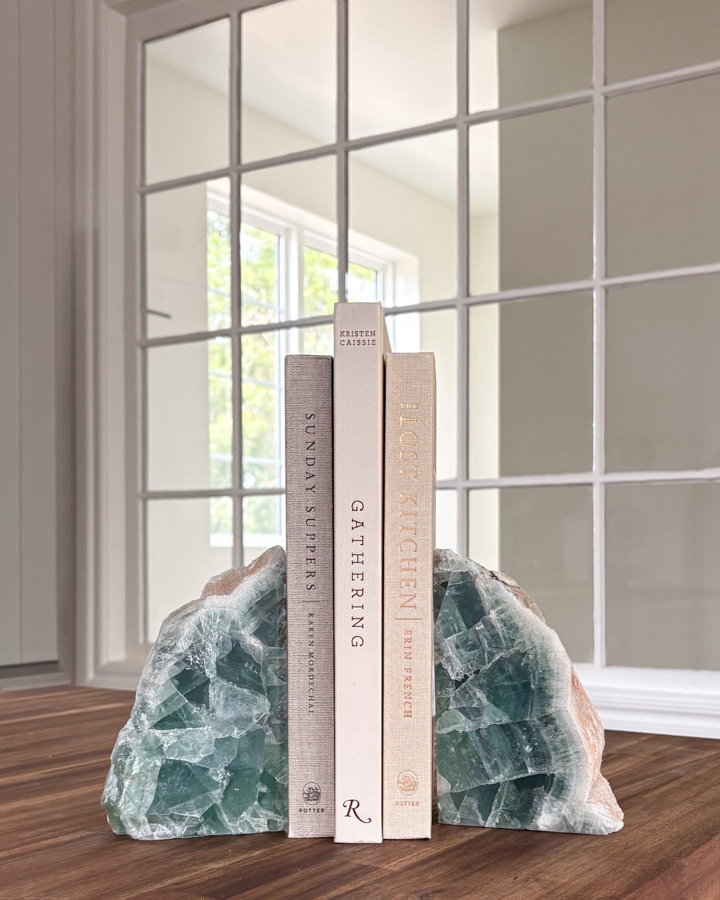 Natural fluorite bookend pair with green and purple mineral banding