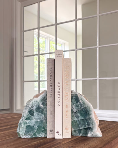 Natural fluorite bookend pair with green and purple mineral banding
