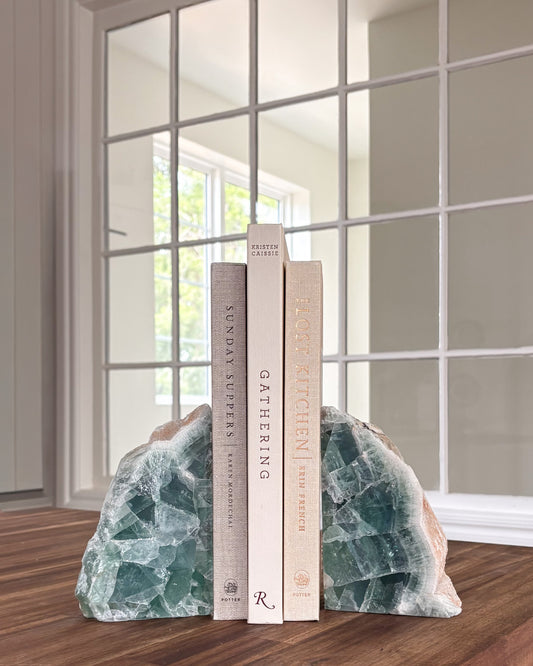Natural fluorite bookend pair with green and purple mineral banding