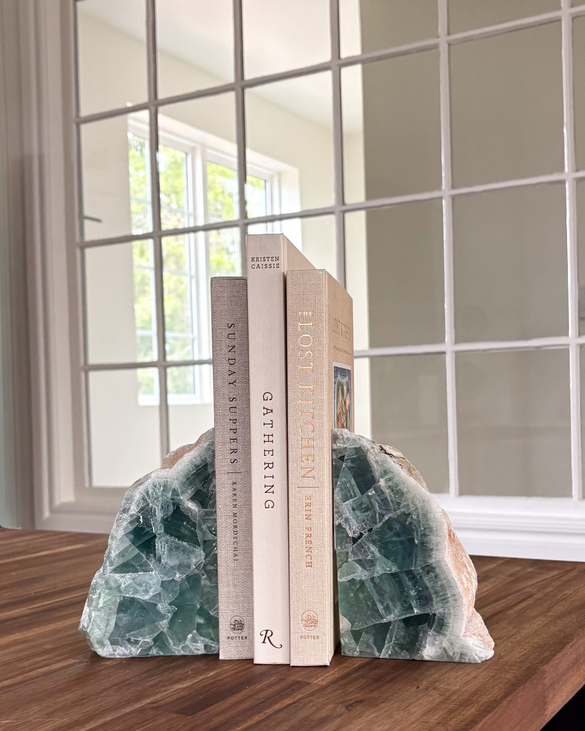 Green and purple fluorite bookends for modern home décor