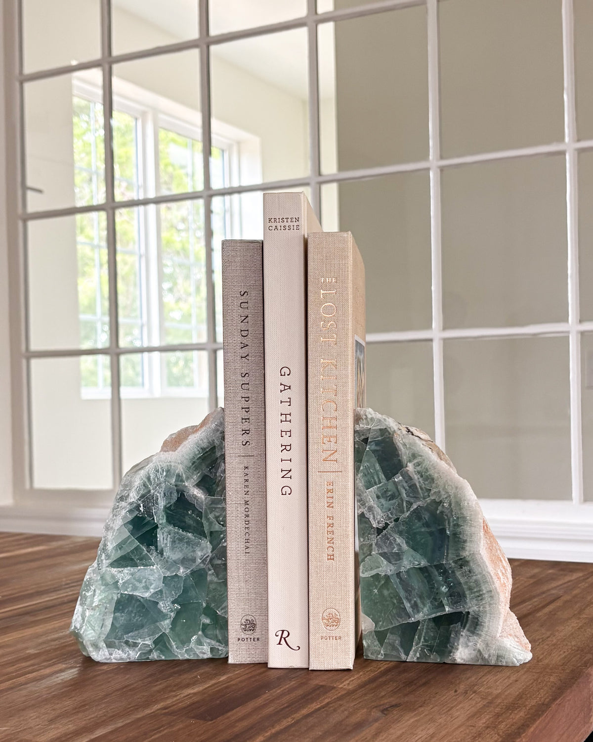 Green fluorite bookend pair with natural purple veining