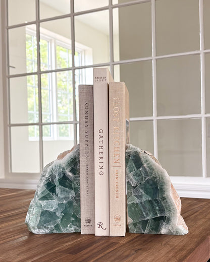Green fluorite bookend pair with natural purple veining