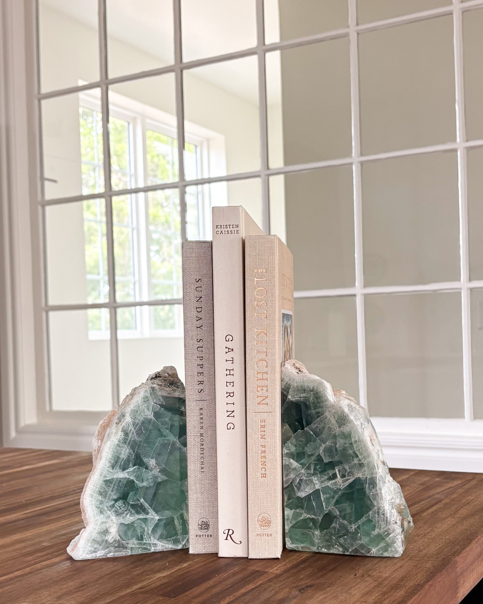 One-of-a-kind fluorite bookends for bookshelf or console décor