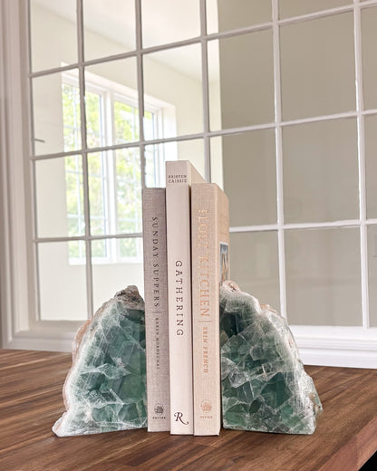 One-of-a-kind fluorite bookends for bookshelf or console décor