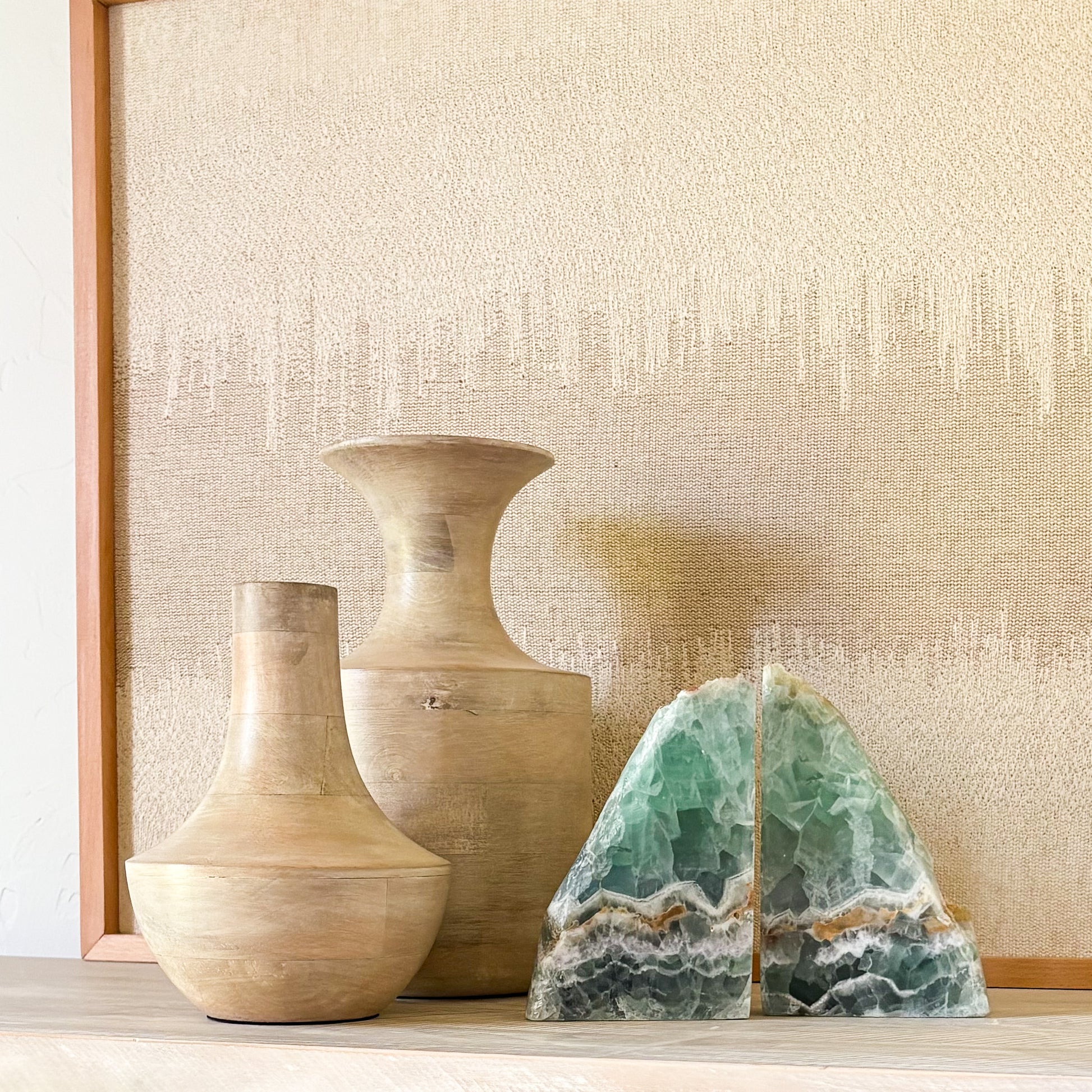 Purple green fluorite gemstone bookends for home decor and bookshelf styling