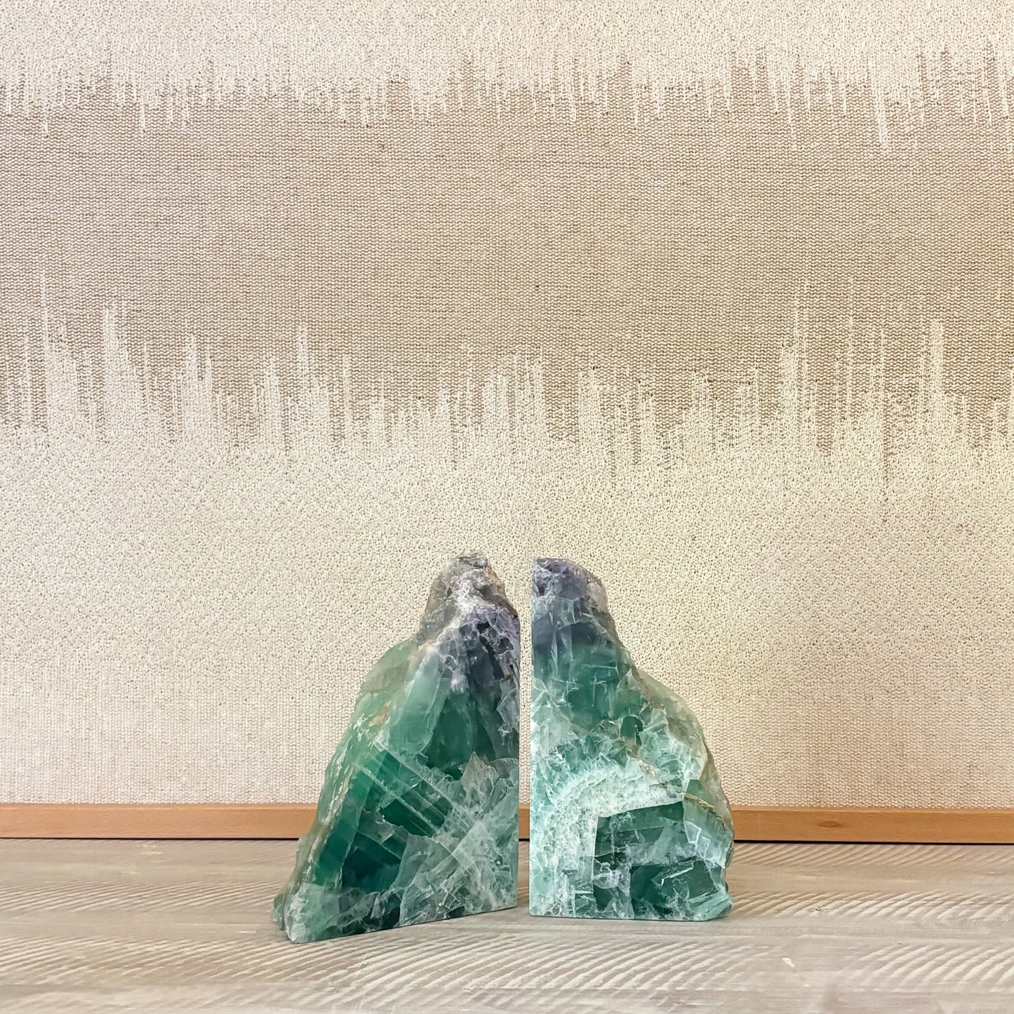 Natural rainbow fluorite bookend set ideal for bookshelf décor and crystal collectors