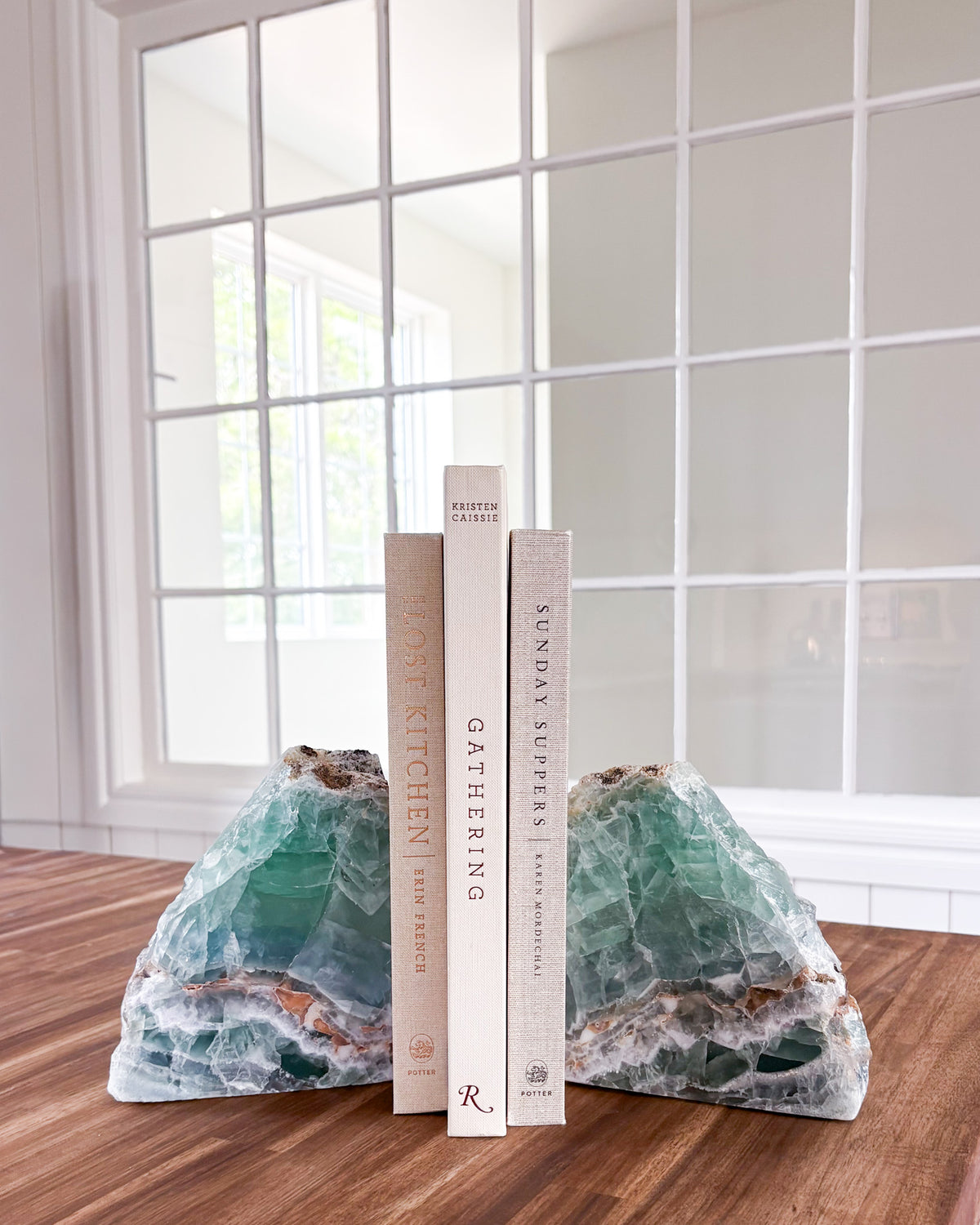 One-of-a-kind fluorite stone bookends with green and purple coloring