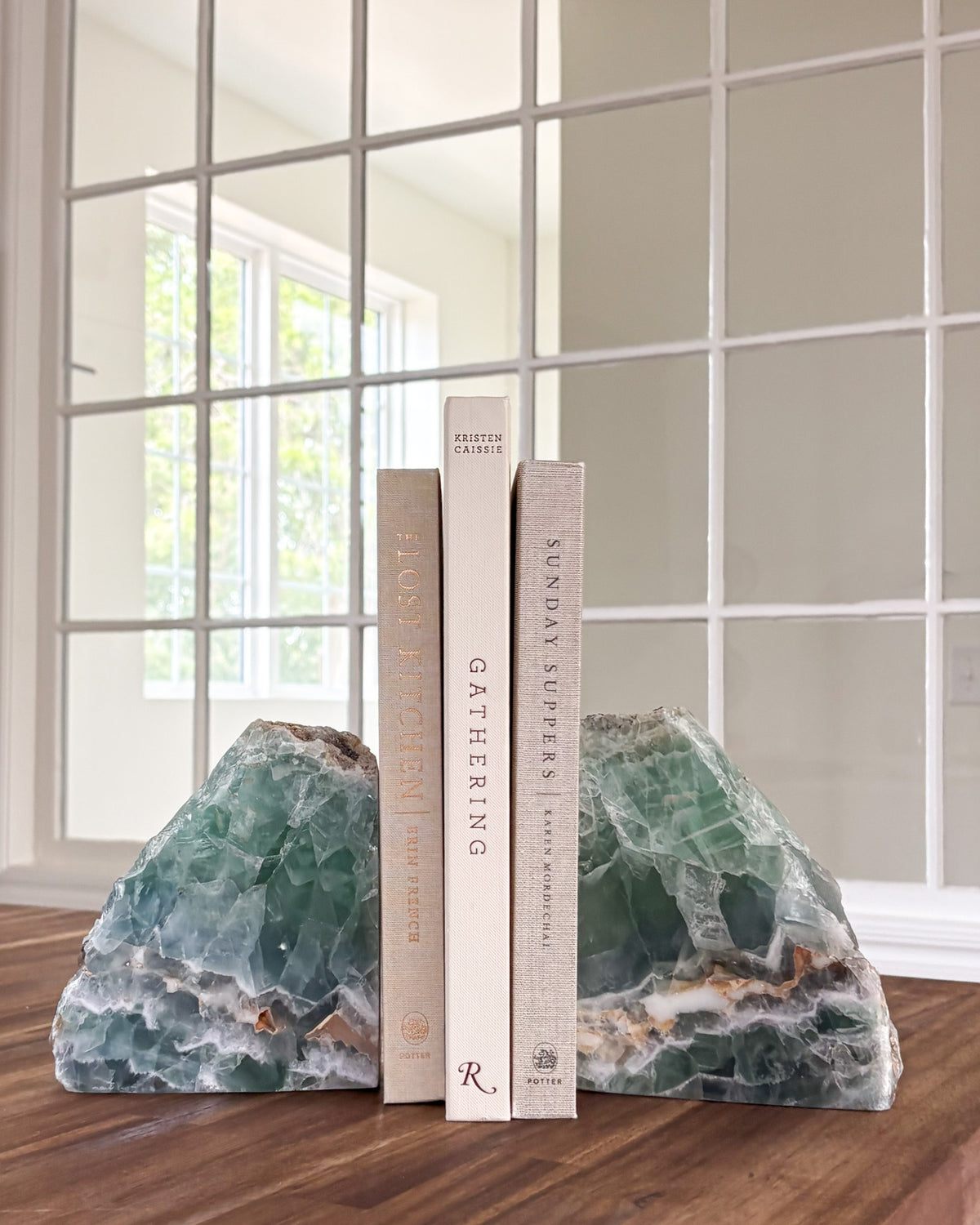 Decorative natural fluorite bookends with unique mineral patterns