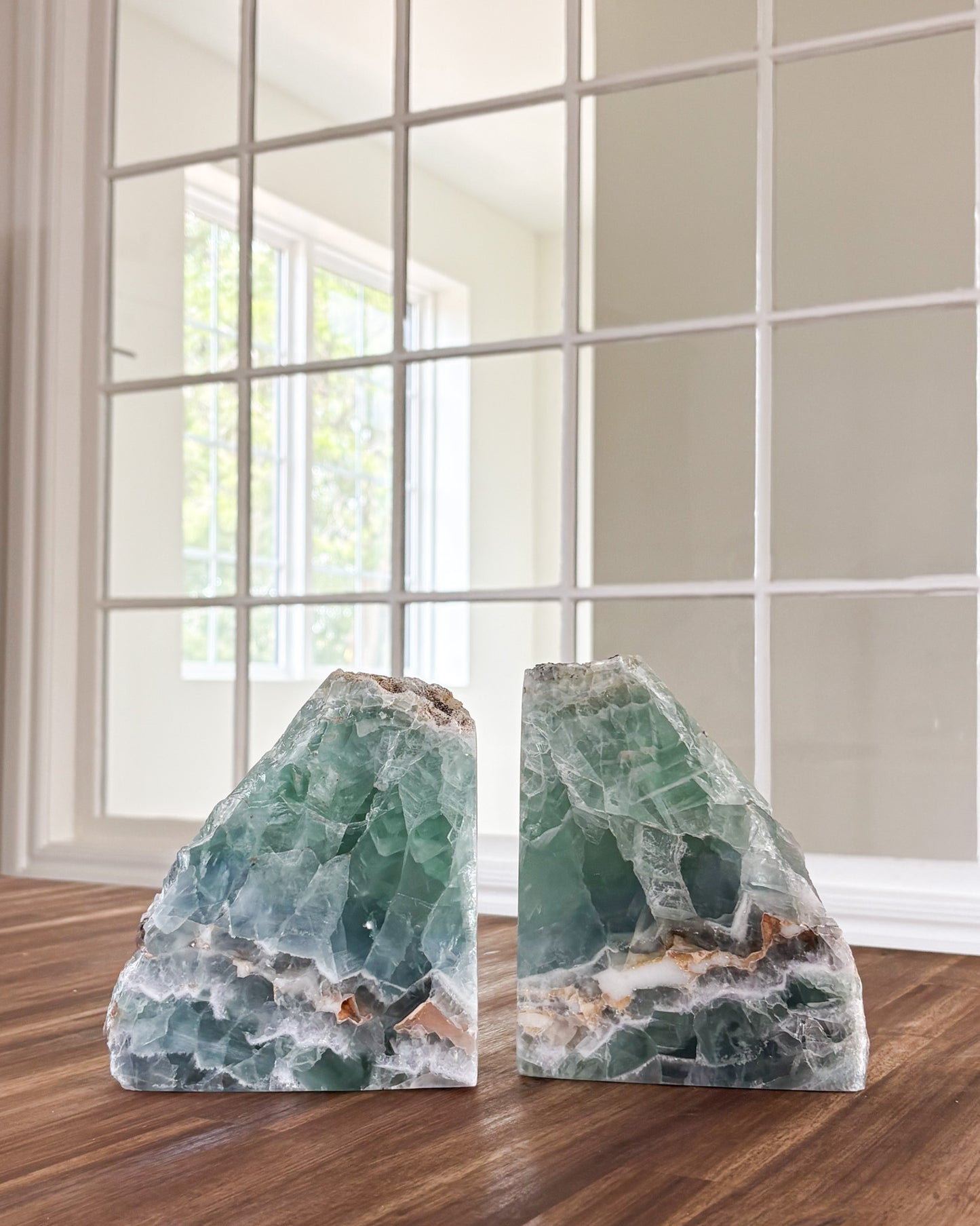 Green and purple fluorite bookends for modern home décor