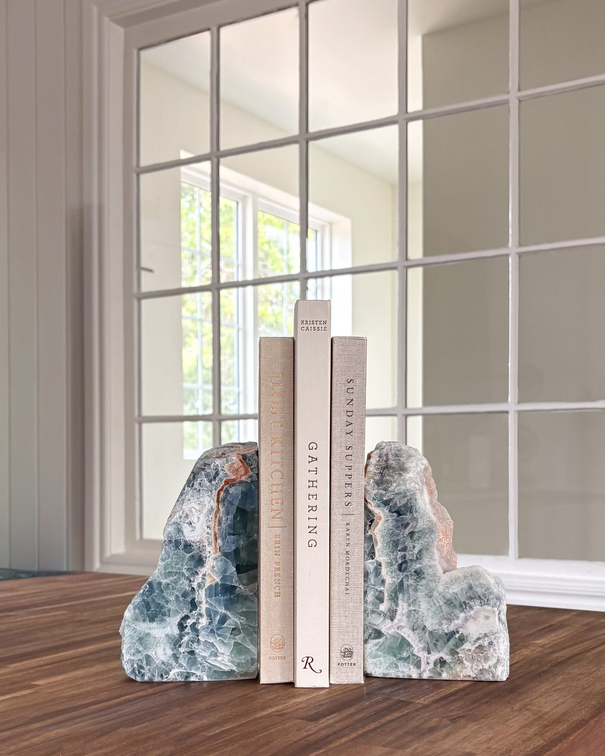 Natural fluorite bookend pair with green and purple mineral banding