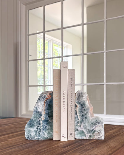 Natural fluorite bookend pair with green and purple mineral banding