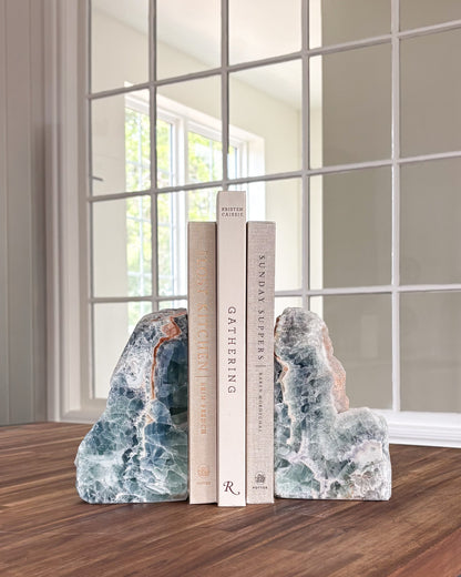 Green and purple fluorite bookends for modern home décor