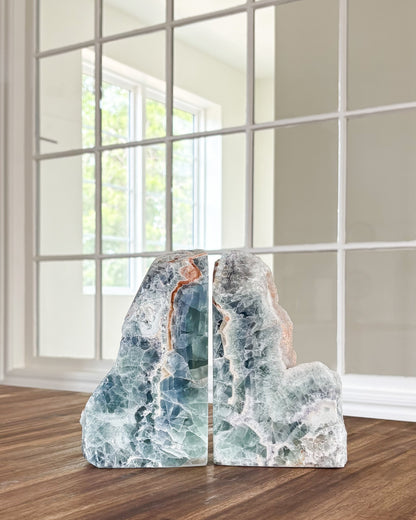 Decorative natural fluorite bookends with unique mineral patterns