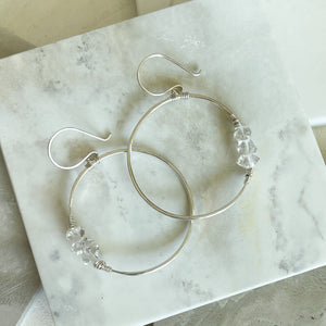 sterling silver quartz crystal hoop earrings, herkimer diamond earrings