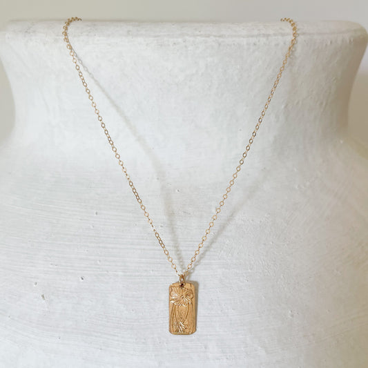 gold etched floral pendant necklace, layering necklace
