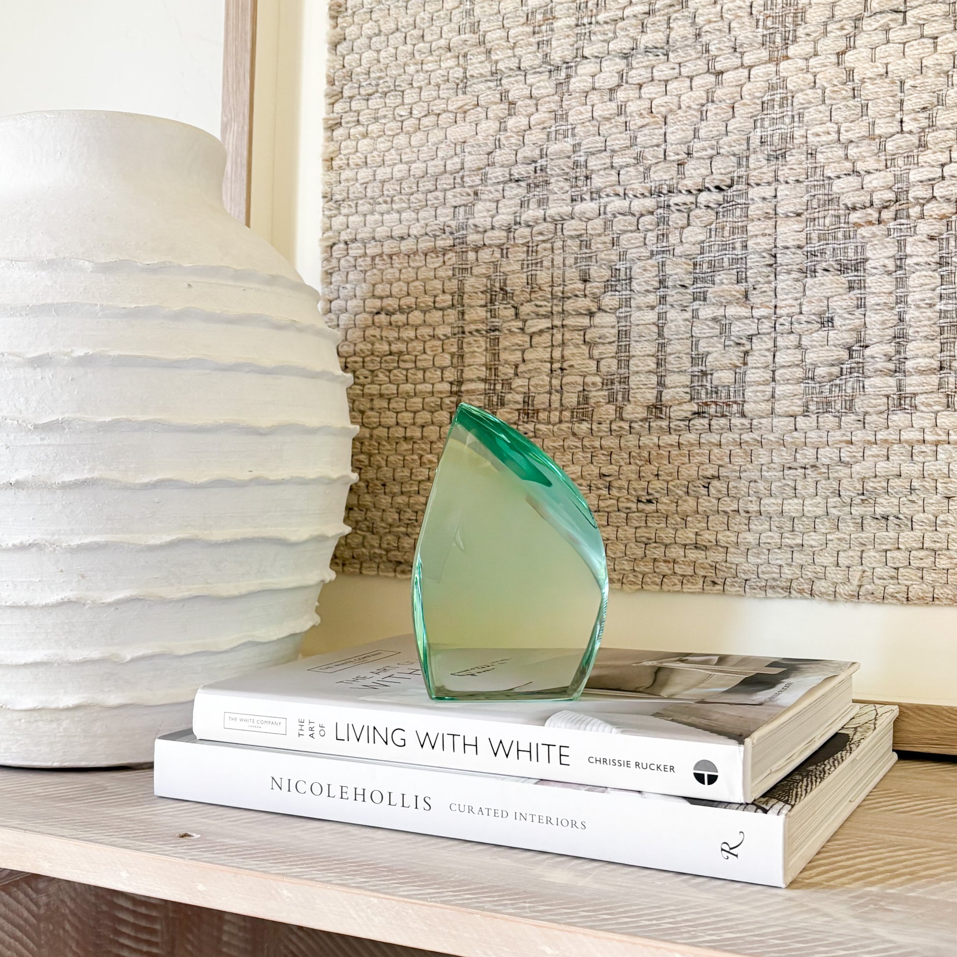 Artisan green glass sculpture for shelf, mantel, or tabletop display