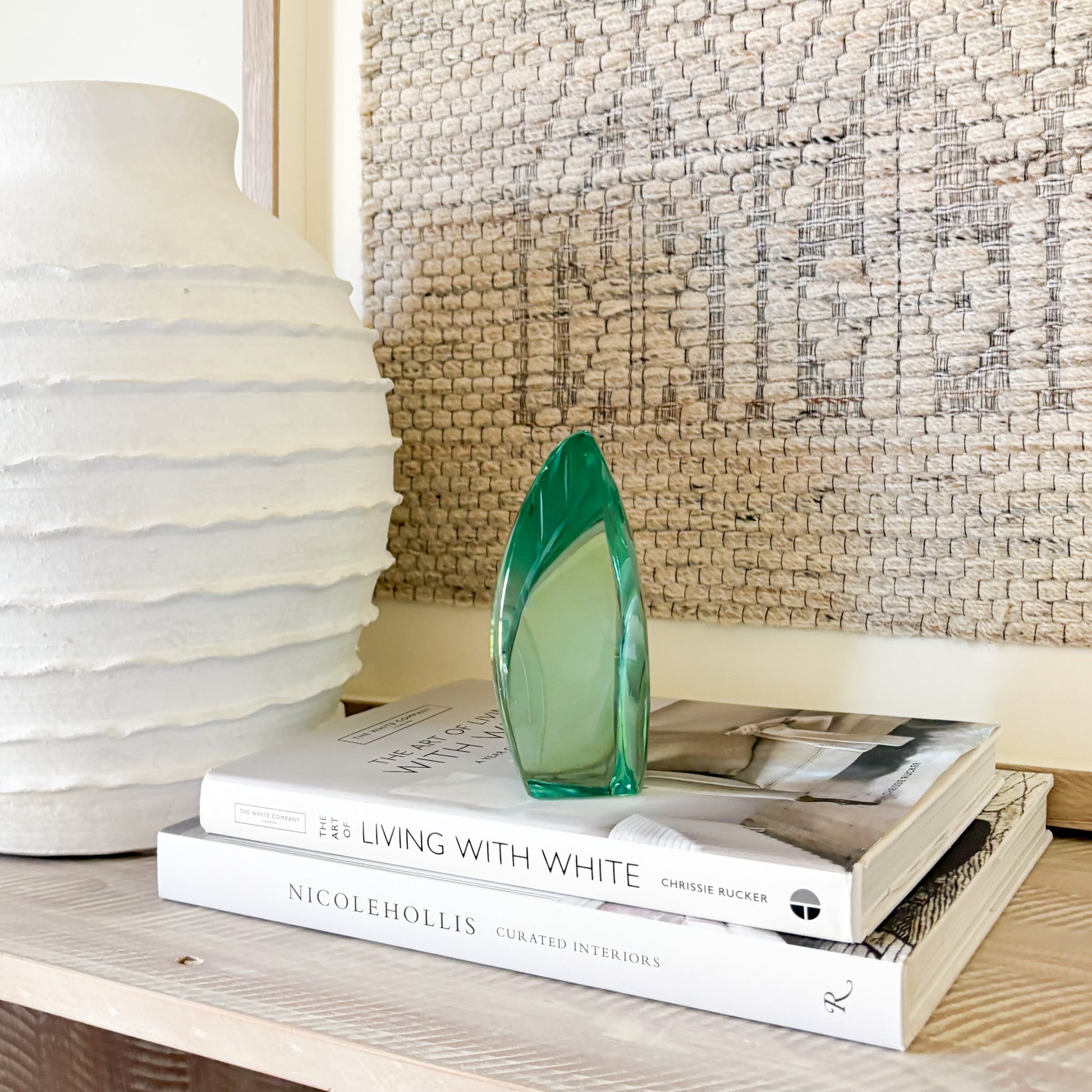 Abstract green glass sculpture centerpiece for contemporary decor