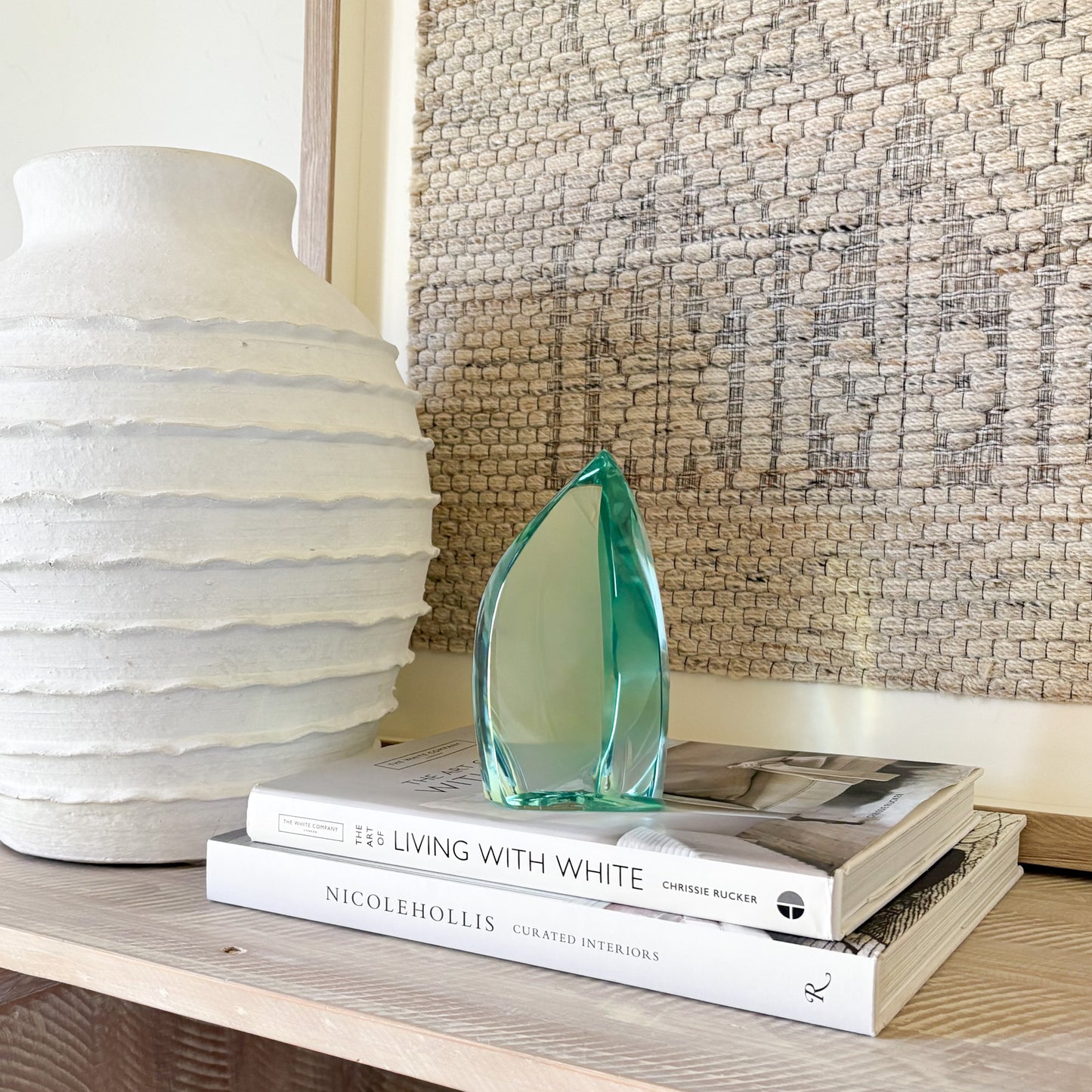 Abstract green glass sculpture centerpiece for contemporary decor