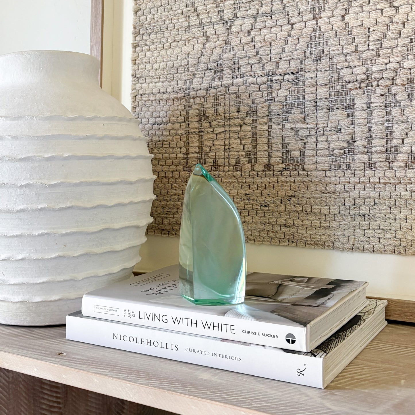 Artisan green glass sculpture for shelf, mantel, or tabletop display