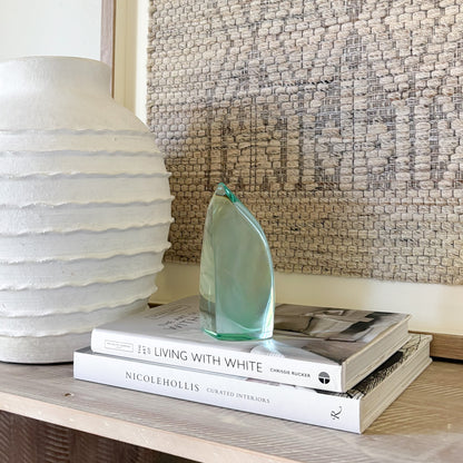 Artisan green glass sculpture for shelf, mantel, or tabletop display