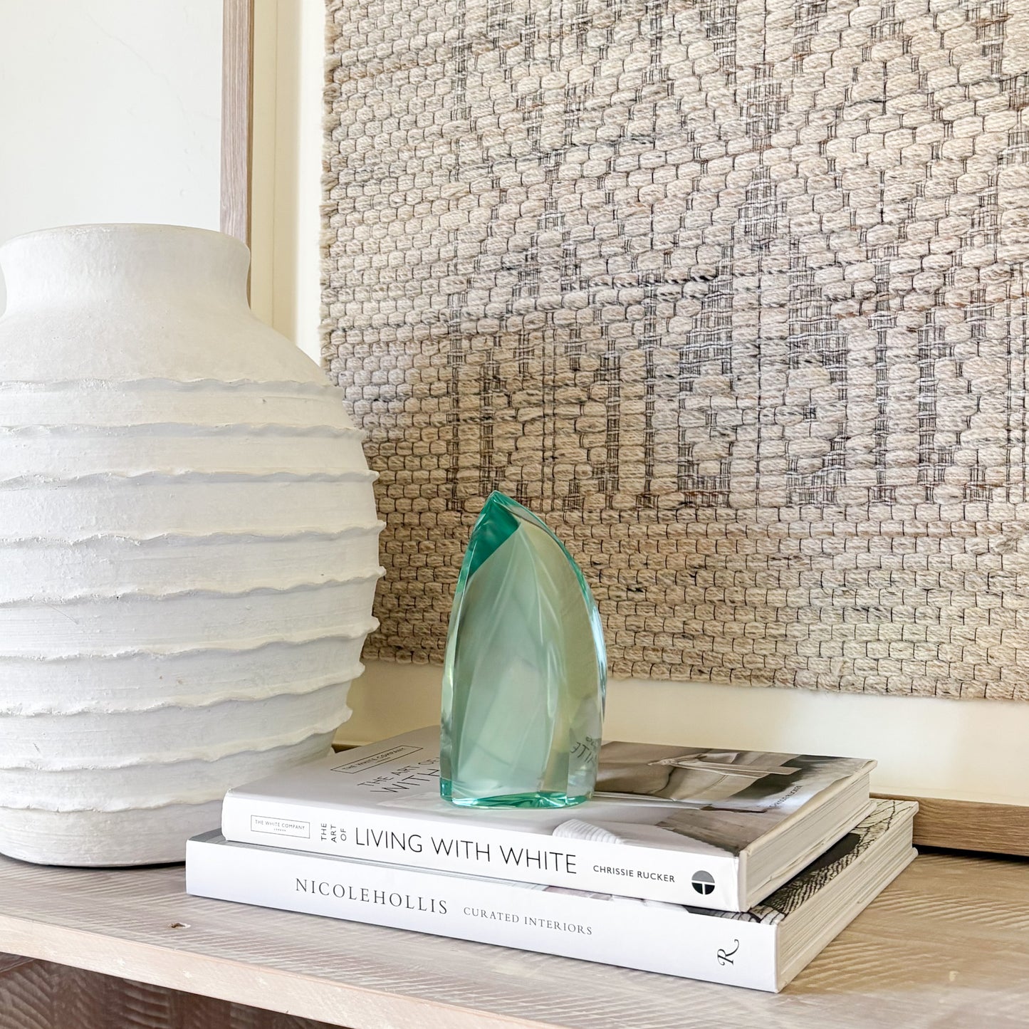 Abstract green glass sculpture centerpiece for contemporary decor