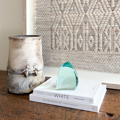 Artisan green glass sculpture for shelf, mantel, or tabletop display