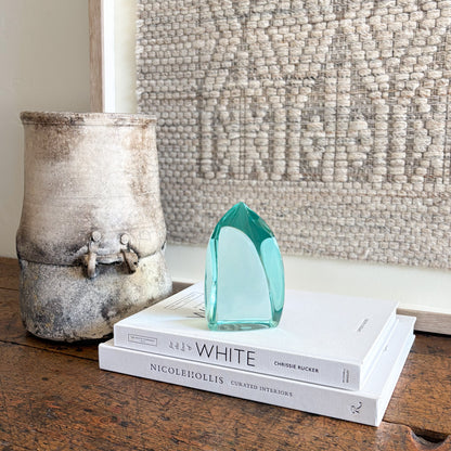 Abstract green glass sculpture centerpiece for contemporary decor