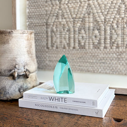 Artisan green glass sculpture for shelf, mantel, or tabletop display