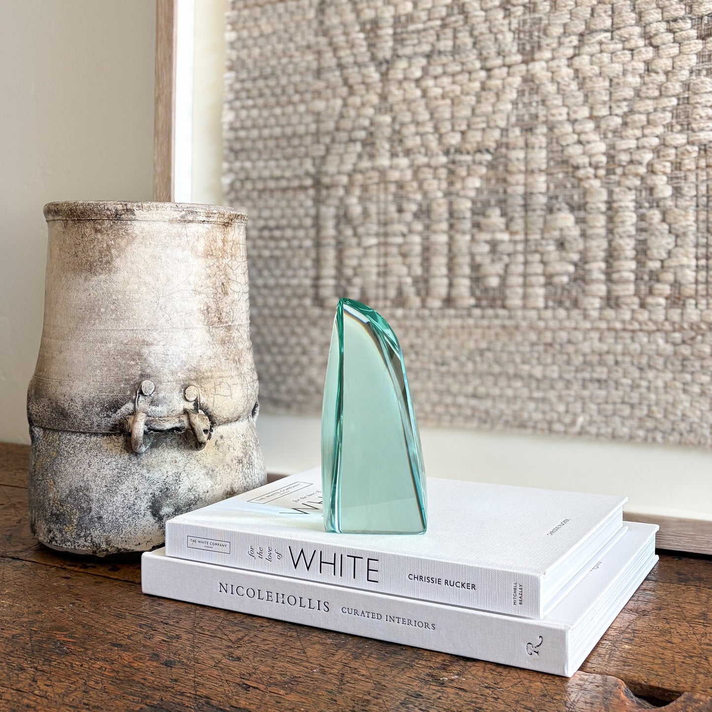 Abstract green glass sculpture centerpiece for contemporary decor