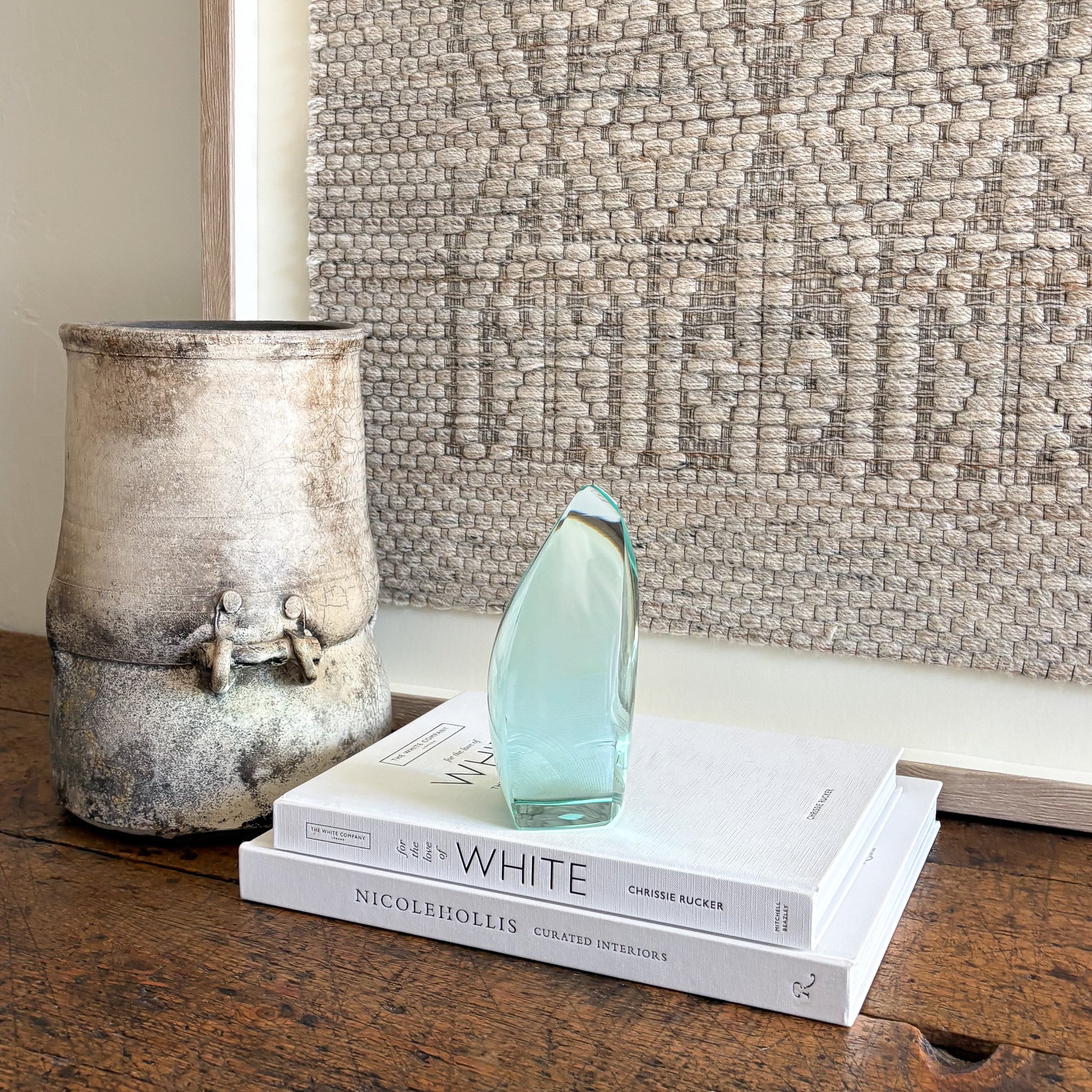 Artisan green glass sculpture for shelf, mantel, or tabletop display