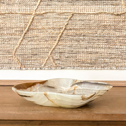 Elegant hand carved green onyx stone bowl for shelf and tabletop decor