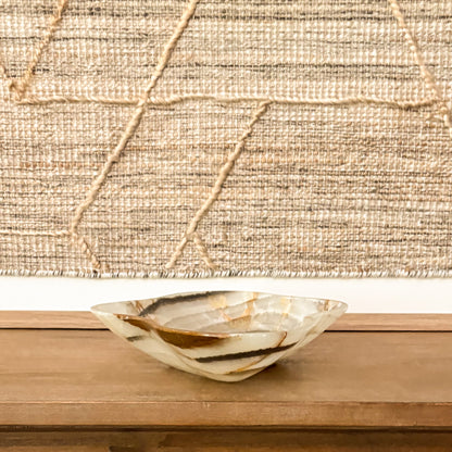 Natural green onyx bowl with organic veining for modern organic home decor