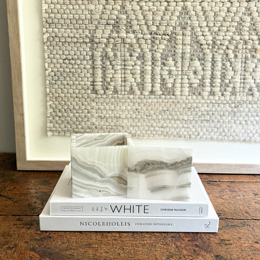 grey and white rectangular onyx lidded box