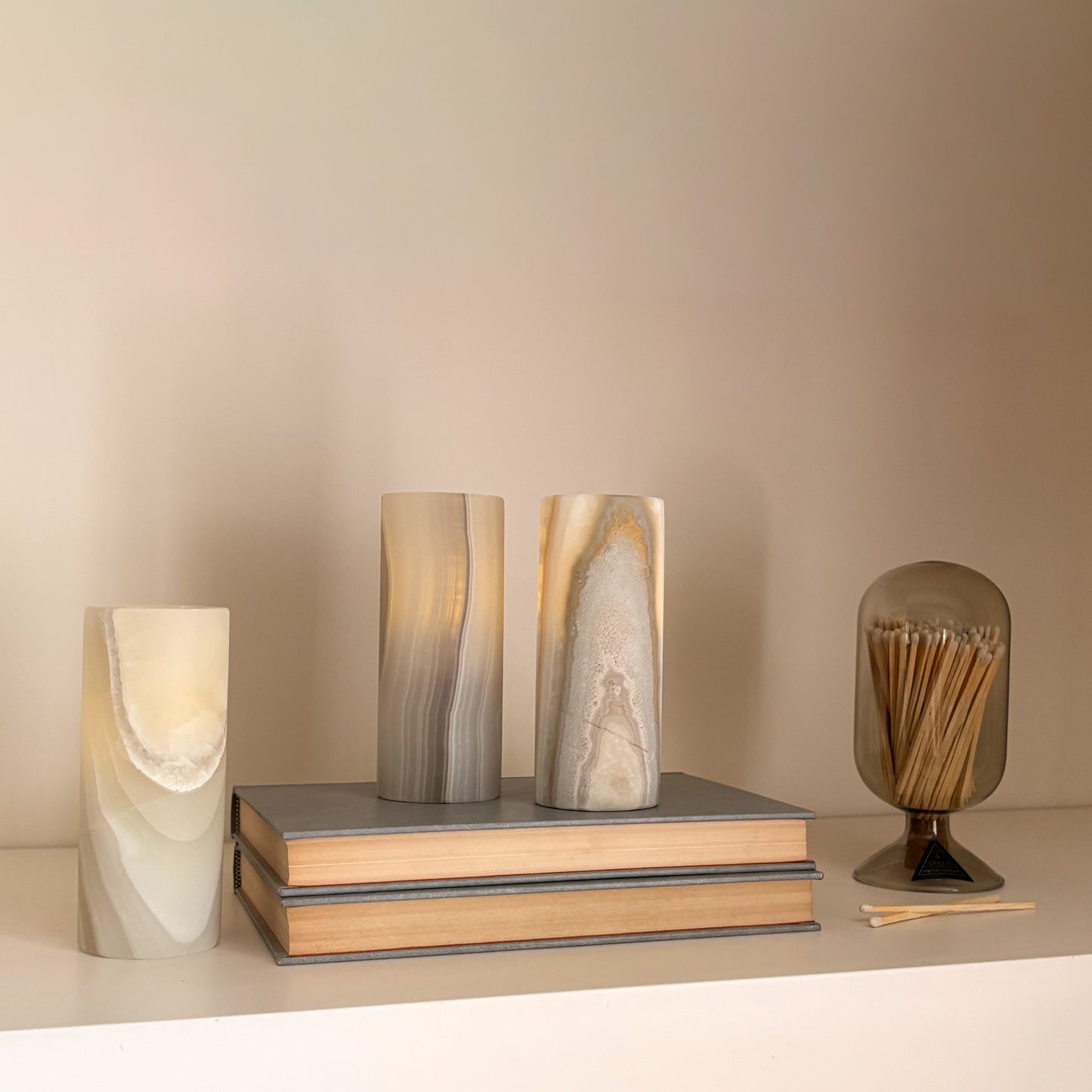 Modern luxury stone tealight candle holders with organic grey and ivory banding