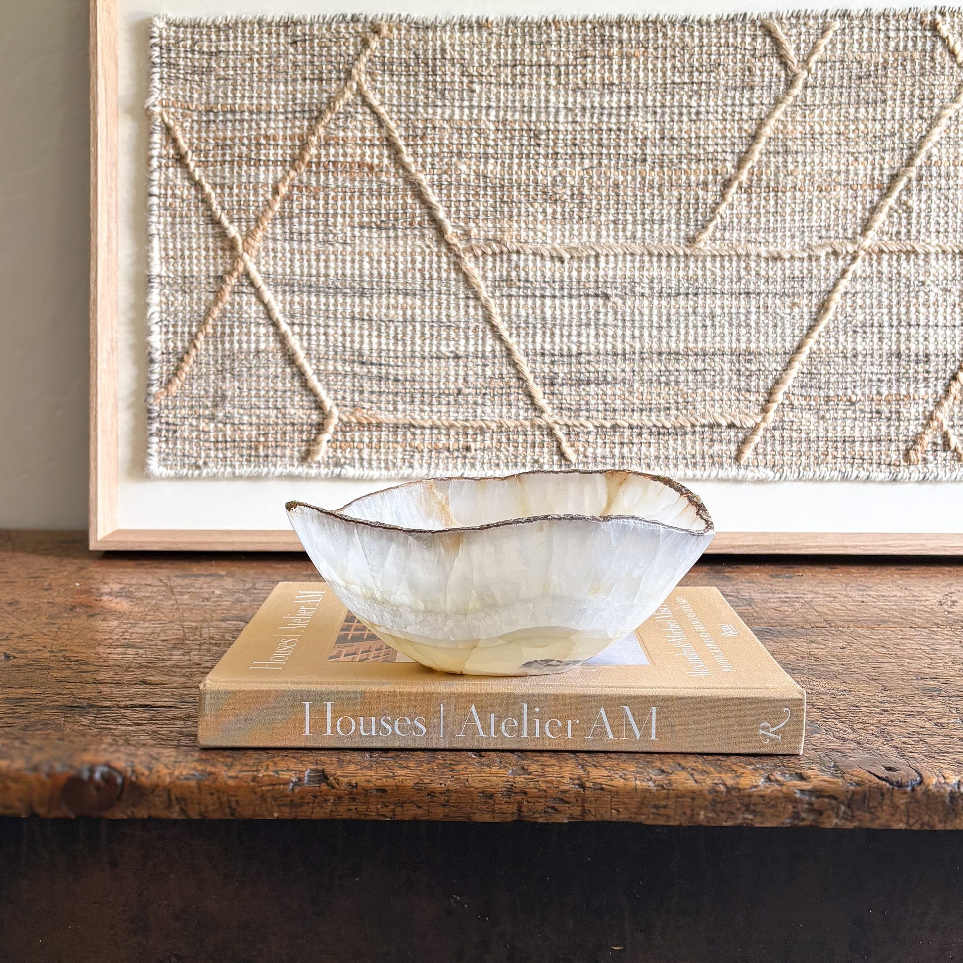 white and beige natural onyx stone bowl