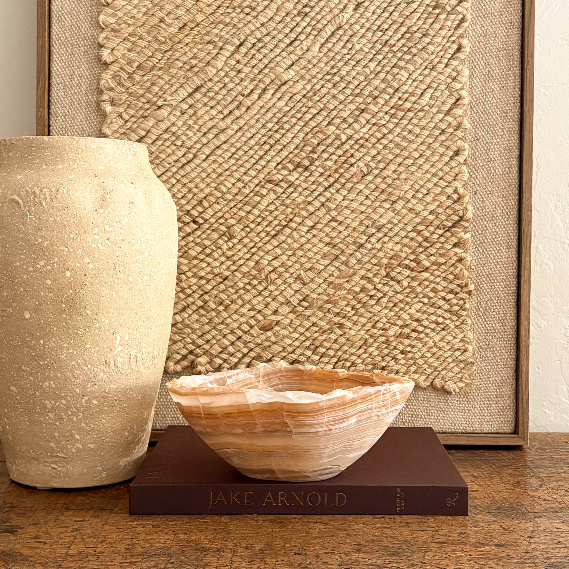 Rustic-modern amber onyx bowl, hand-carved from solid stone