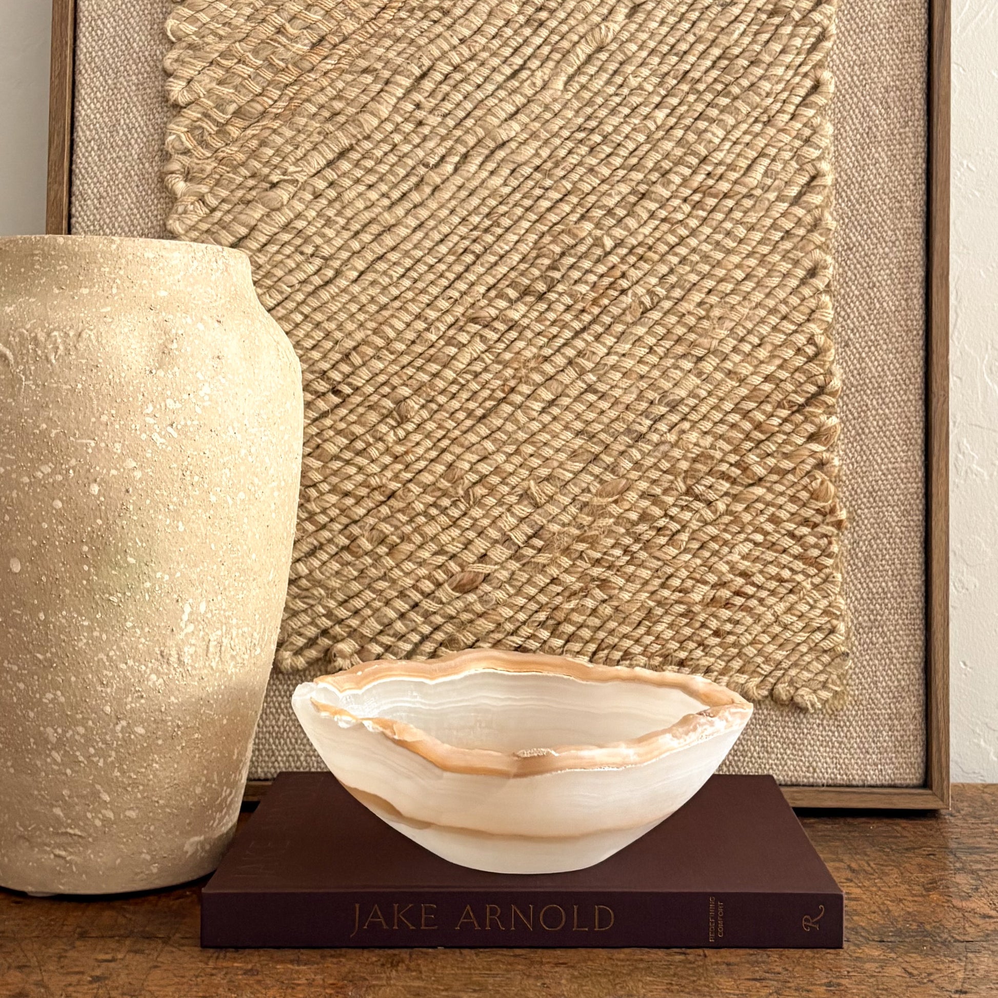 Amber onyx bowl with natural banding, minimalist stone decor