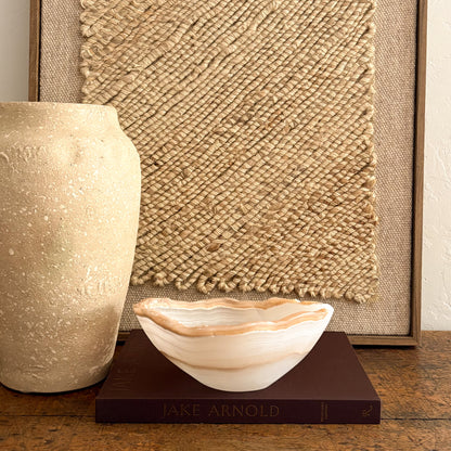 Unique amber onyx bowl with golden and white veins, artisan made