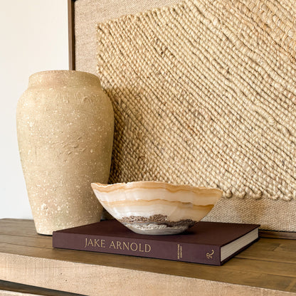 Artisan hand carved white and amber onyx bowl, premium stone decorative bowl