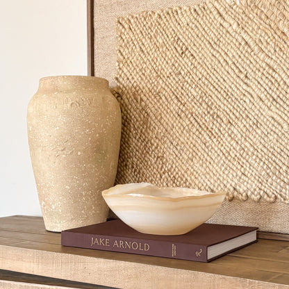 Artisan hand carved white and amber onyx bowl, premium stone decorative bowl