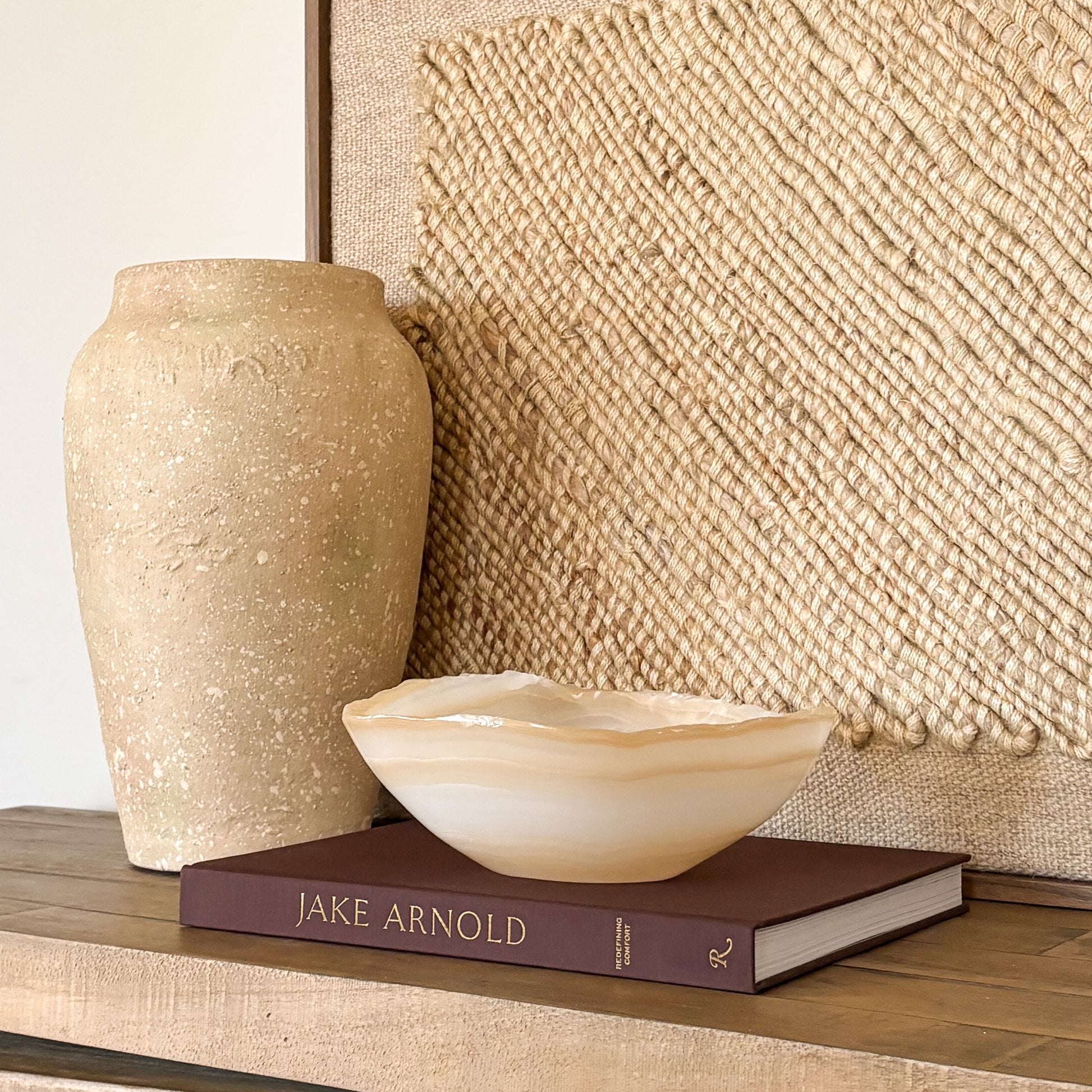 Hand carved white and amber onyx bowl, luxury natural stone home decor centerpiece
