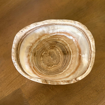 Polished amber onyx bowl, hand carved natural mineral decor piece