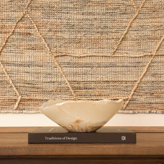 Hand carved amber onyx decorative bowl with warm golden veining for luxury home decor