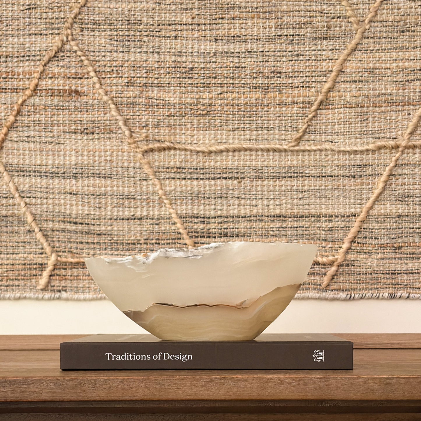 Hand carved amber onyx accent bowl for styling shelves, consoles, and coffee tables