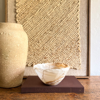 hand carved brown and white onyx bowl