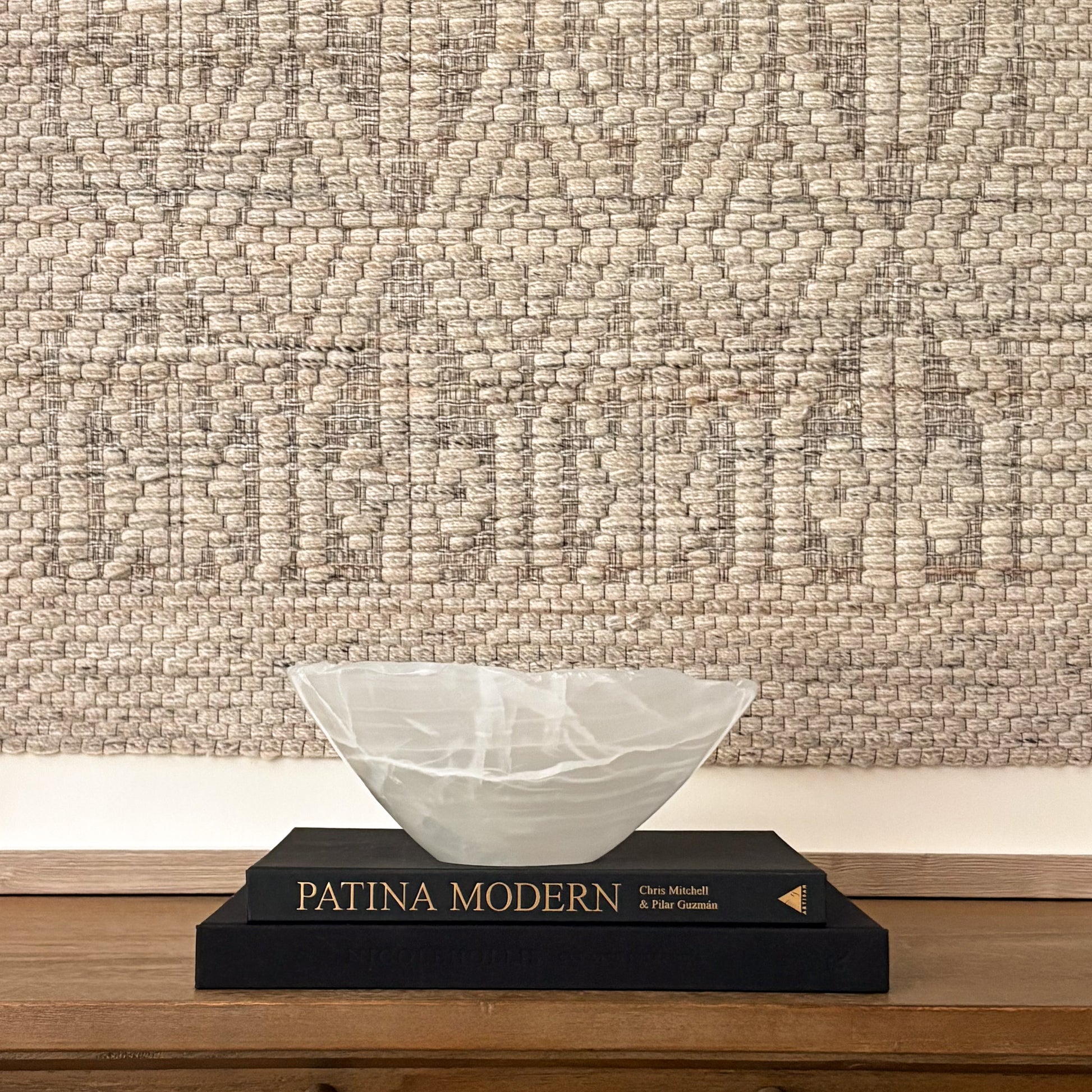 Hand-carved white onyx decorative bowl with natural stone veining