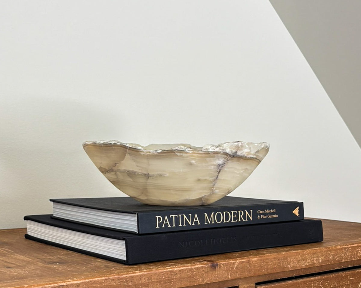 One-of-a-kind grey onyx decorative bowl featuring distinctive natural patterns
