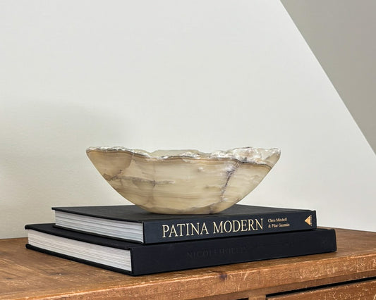 One-of-a-kind grey onyx decorative bowl featuring distinctive natural patterns